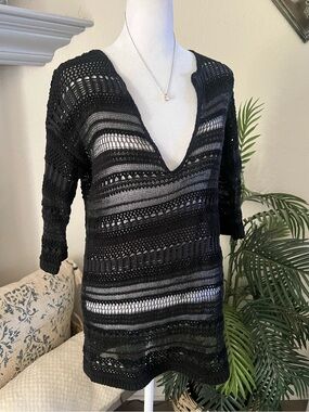 Vintage Moda Black Crochet Deep V Swim Coverup